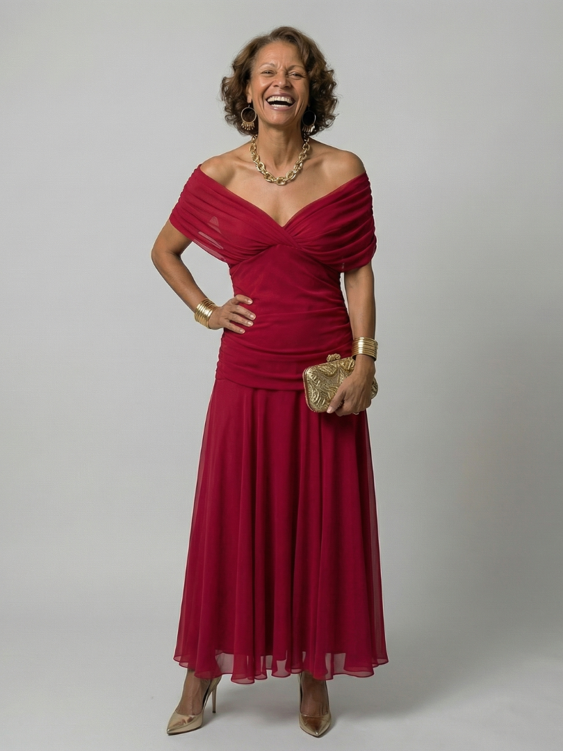CINDRY | OFF SHOULDER FLOW MIDI DRESS