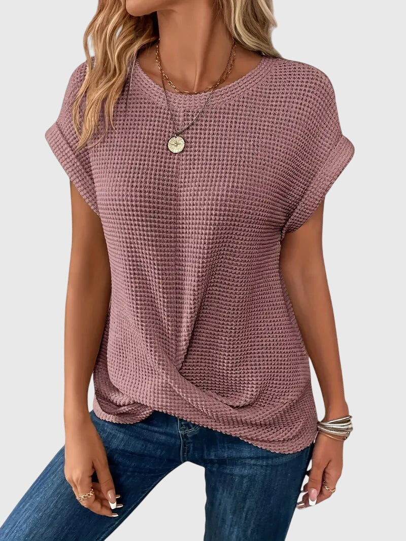 Isa | Waffle Knit Twist Front Top with Crew Neck