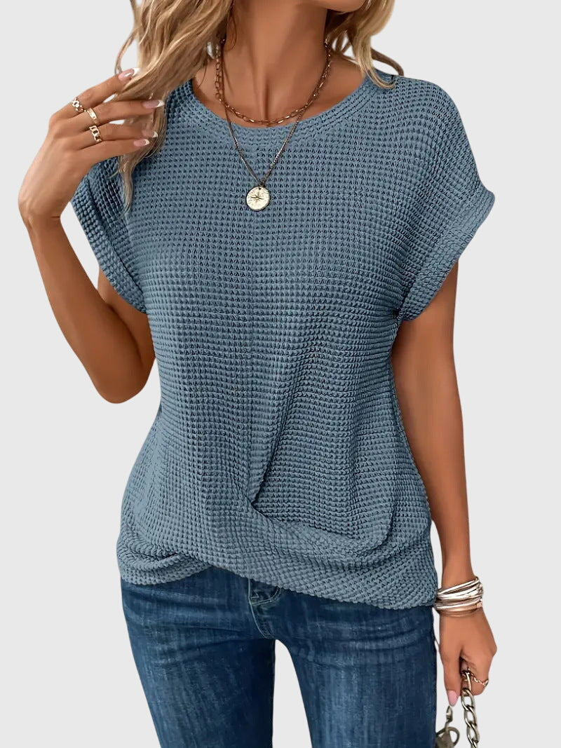 Isa | Waffle Knit Twist Front Top with Crew Neck