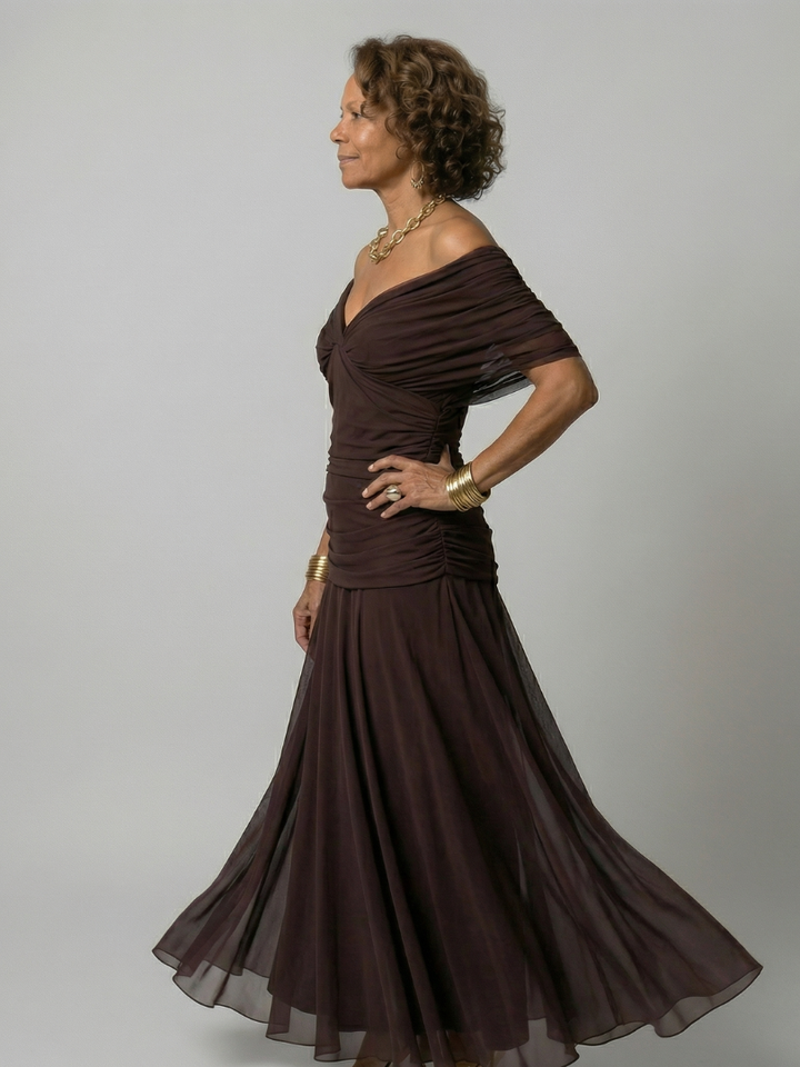 CINDRY | OFF SHOULDER FLOW MIDI DRESS