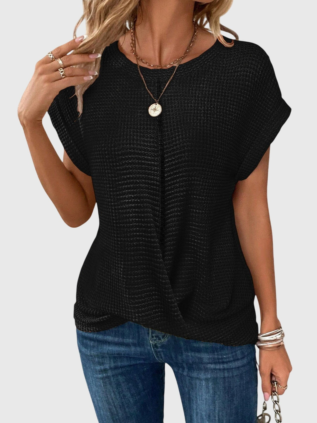 Isa | Waffle Knit Twist Front Top with Crew Neck
