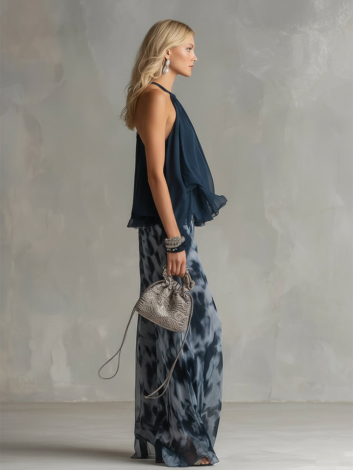 Ludovica – Elegant chiffon set with high-neck top and wide-leg printed trousers 🖤