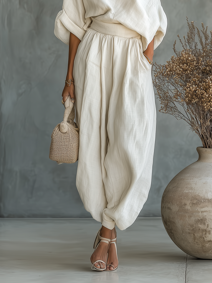 🌸 Women's Off-White Linen Set with Off-Shoulder Top and Tapered Pants