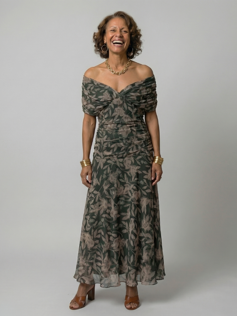 CINDRY | OFF SHOULDER FLOW MIDI DRESS