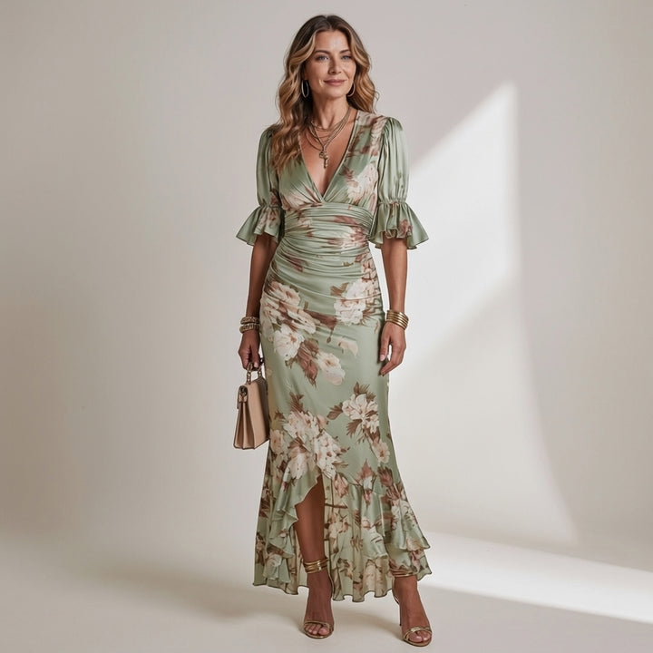 Anastasia | Asymmetrical Long Green Satin Dress