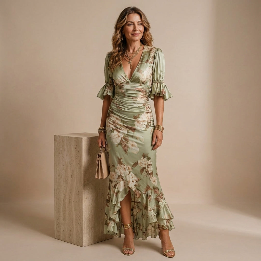 Anastasia | Asymmetrical Long Green Satin Dress