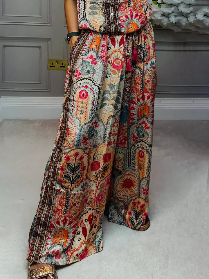 Dakota™ Boho Print Tassel Detail Elastic Waist Wide-Leg Trousers with Pockets