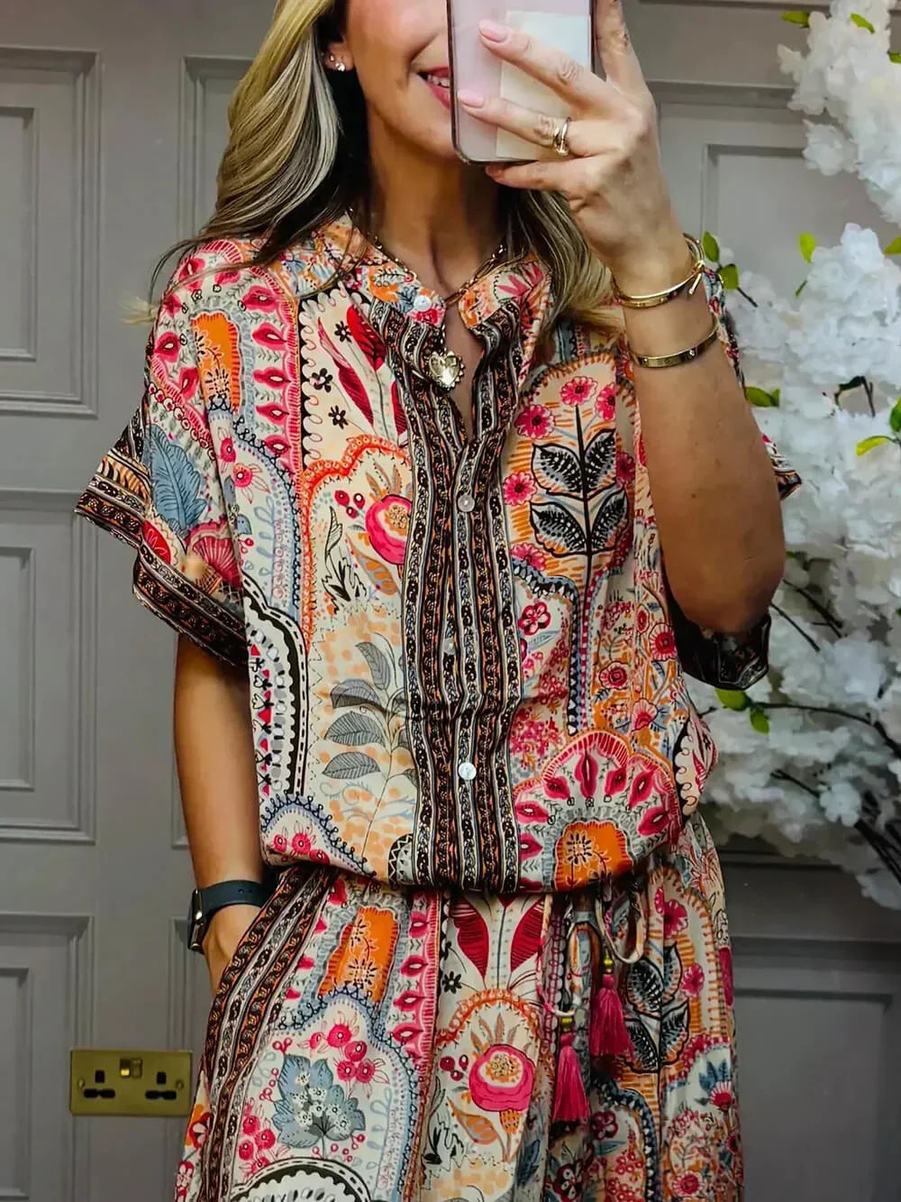 Dakota™ Boho Print Tassel Detail Elastic Waist Wide-Leg Trousers with Pockets