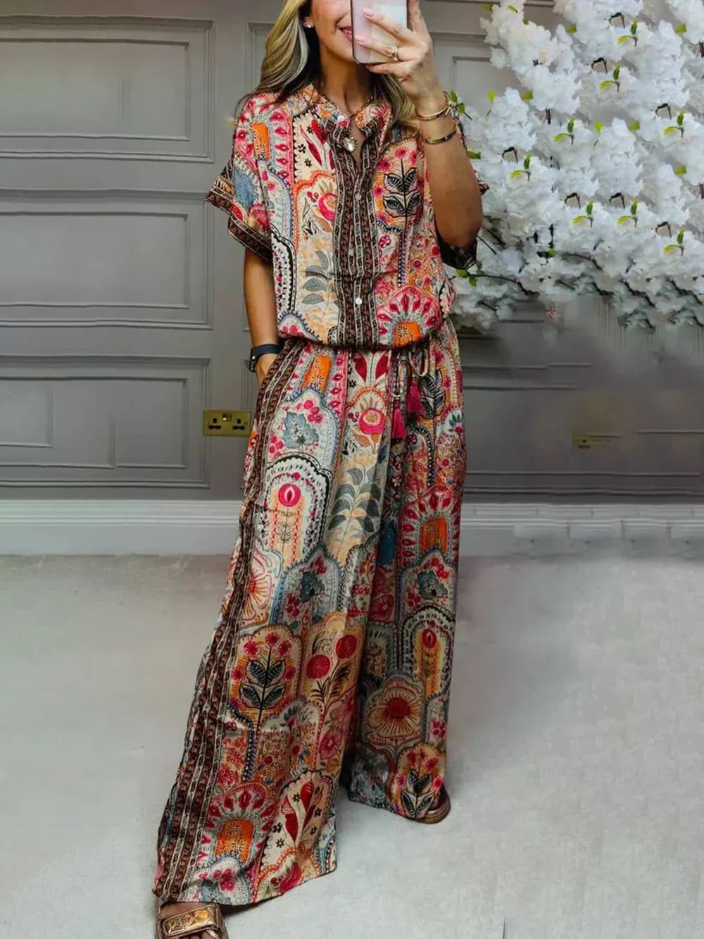 Dakota™ Boho Print Tassel Detail Elastic Waist Wide-Leg Trousers with Pockets