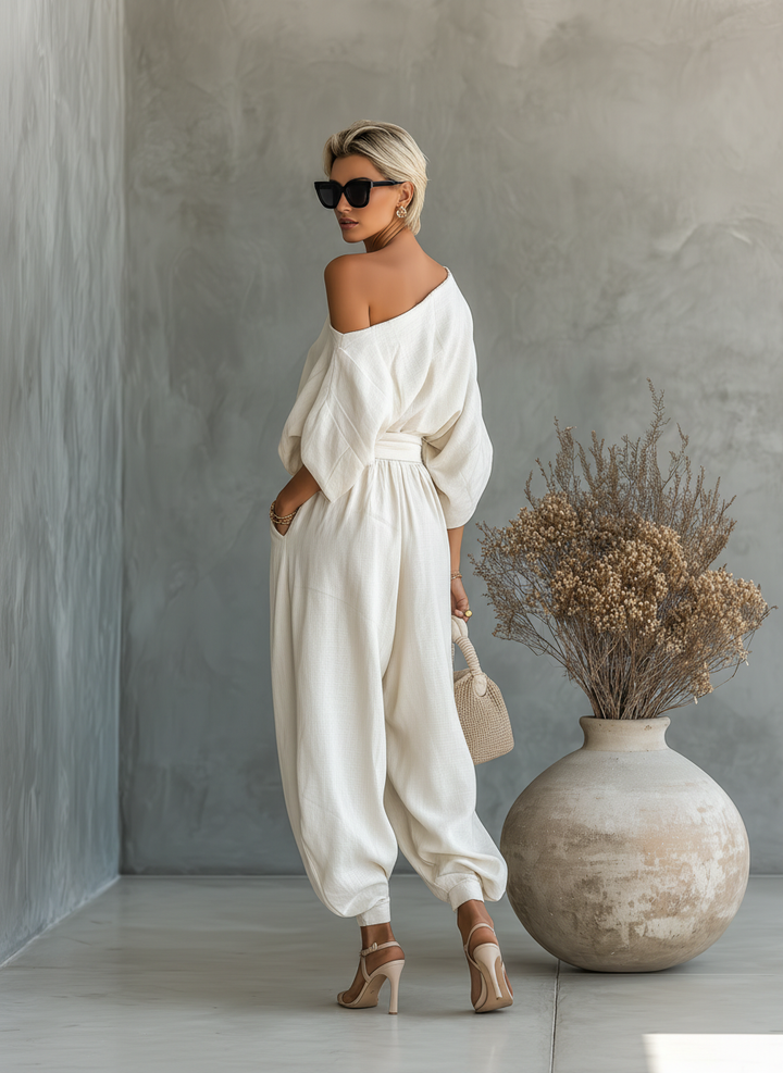 🌸 Women's Off-White Linen Set with Off-Shoulder Top and Tapered Pants