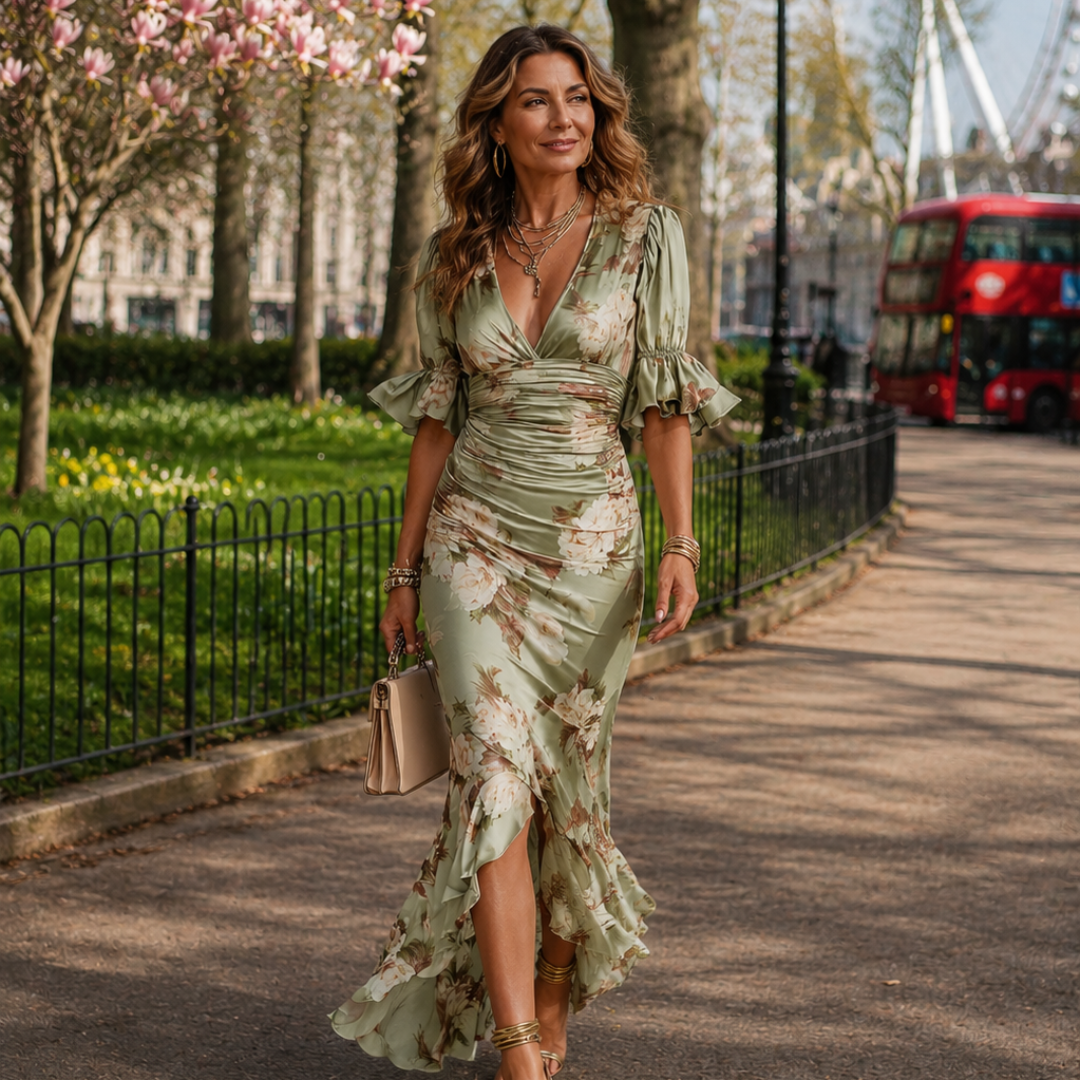 Anastasia | Asymmetrical Long Green Satin Dress