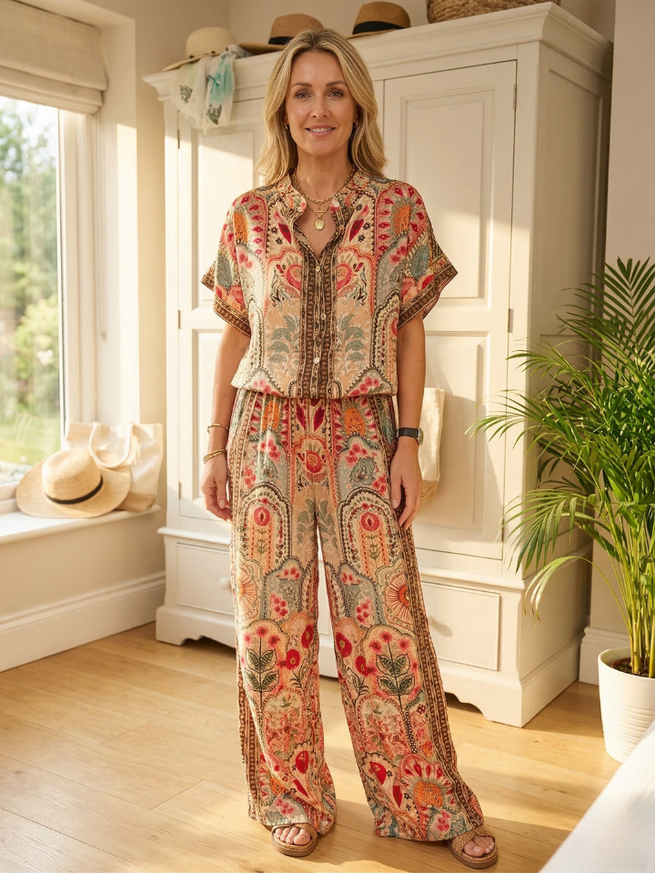 Dakota™ Boho Print Tassel Detail Elastic Waist Wide-Leg Trousers with Pockets