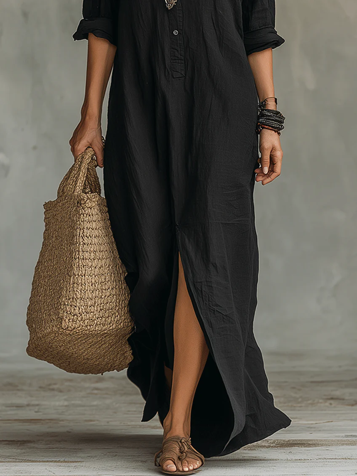 Freya | Long Black Dress with Buttons