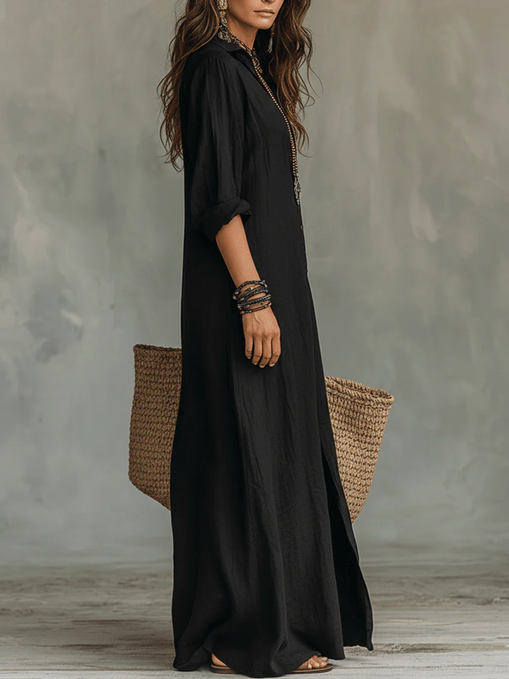 Freya | Long Black Dress with Buttons