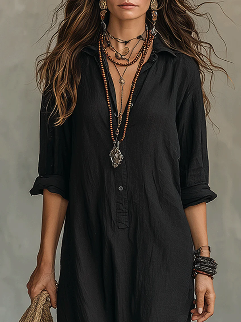 Freya | Long Black Dress with Buttons