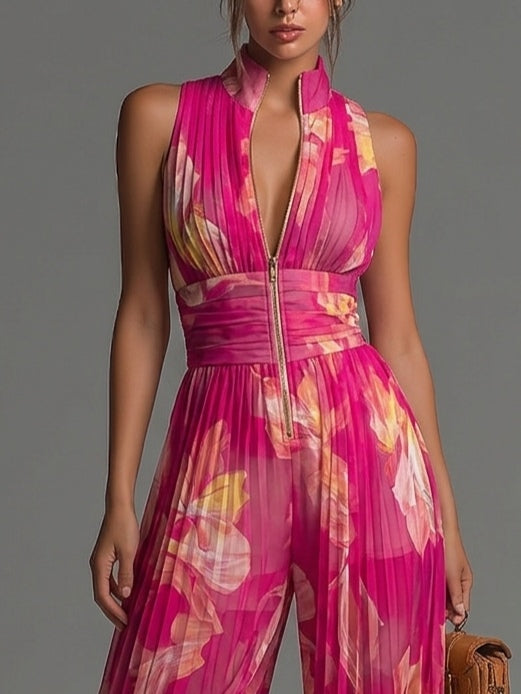 Zsófia™ Jumpsuit | Fuchsia Floral Pleated Chiffon