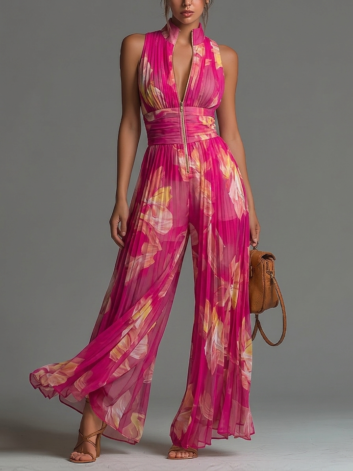 Zsófia™ Jumpsuit | Fuchsia Floral Pleated Chiffon
