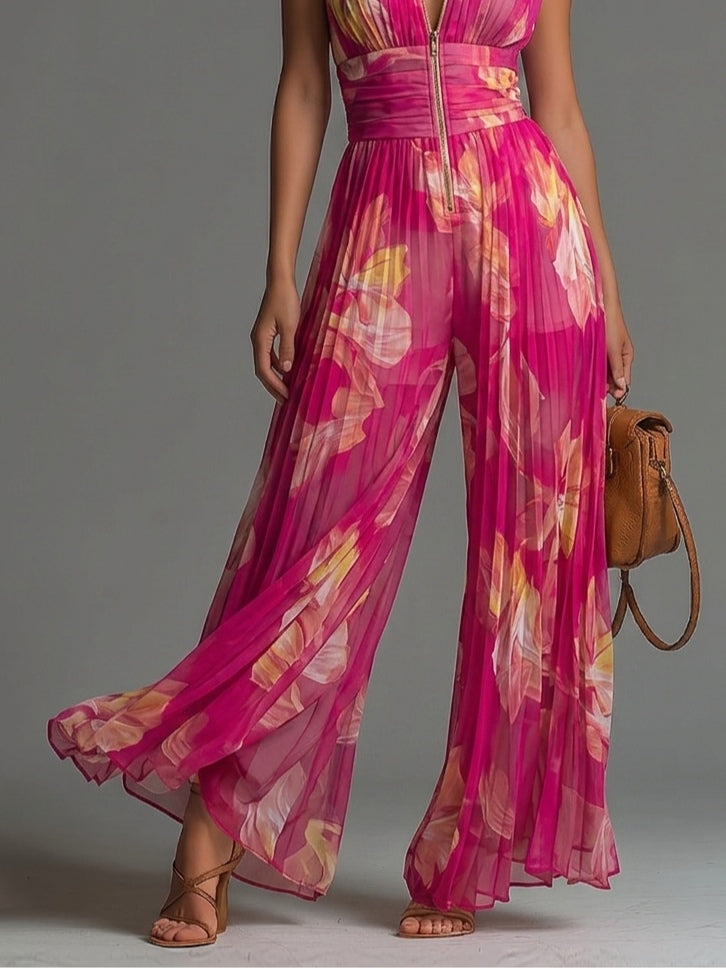 Zsófia™ Jumpsuit | Fuchsia Floral Pleated Chiffon