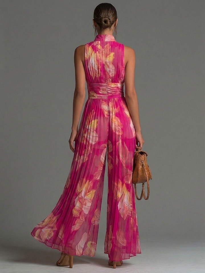Zsófia™ Jumpsuit | Fuchsia Floral Pleated Chiffon