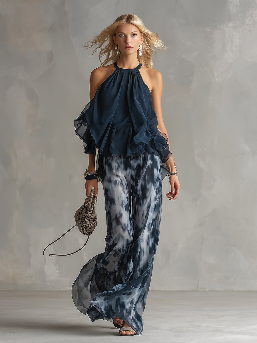 Ludovica – Elegant chiffon set with high-neck top and wide-leg printed trousers 🖤