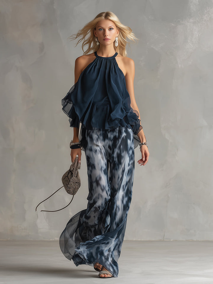 Ludovica – Elegant chiffon set with high-neck top and wide-leg printed trousers 🖤