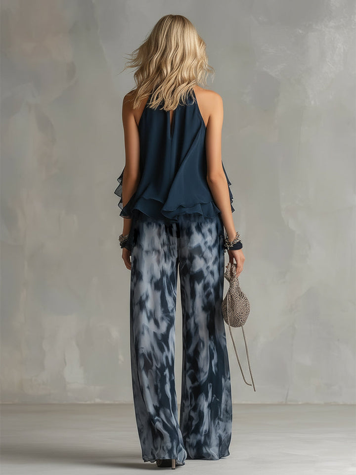 Ludovica – Elegant chiffon set with high-neck top and wide-leg printed trousers 🖤