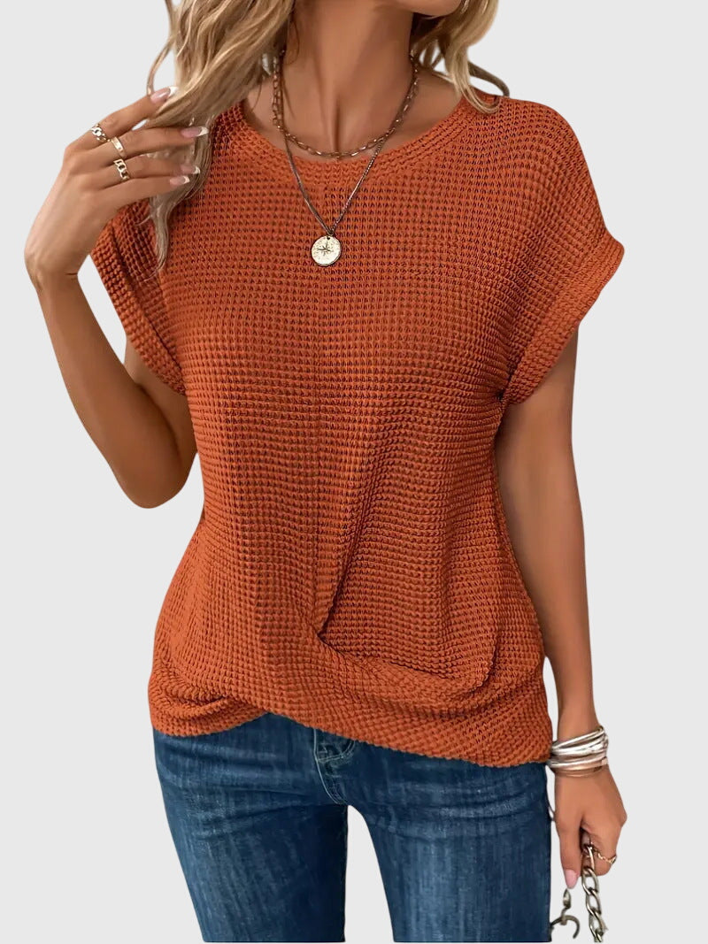 Isa | Waffle Knit Twist Front Top with Crew Neck