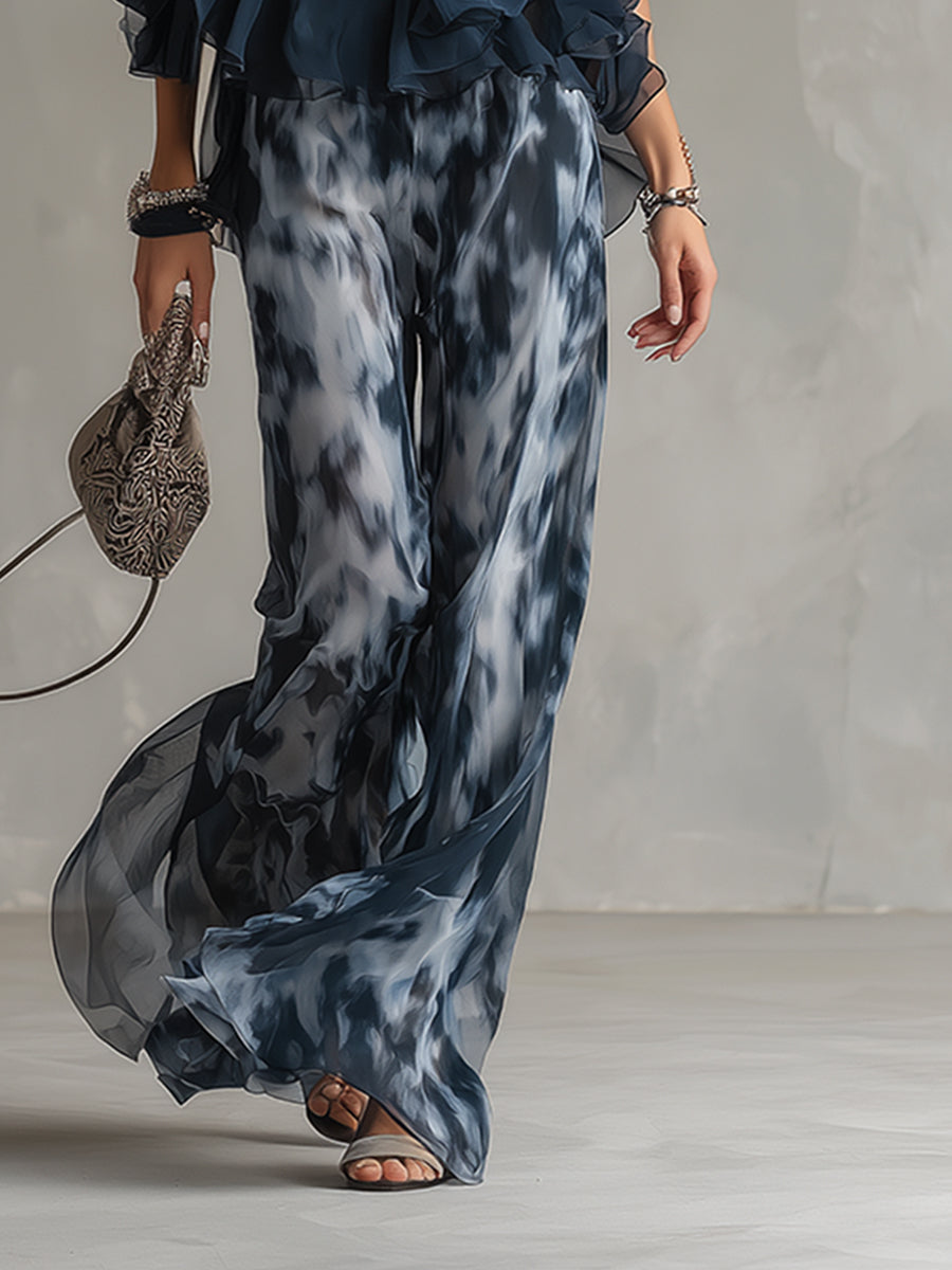 Ludovica – Elegant chiffon set with high-neck top and wide-leg printed trousers 🖤
