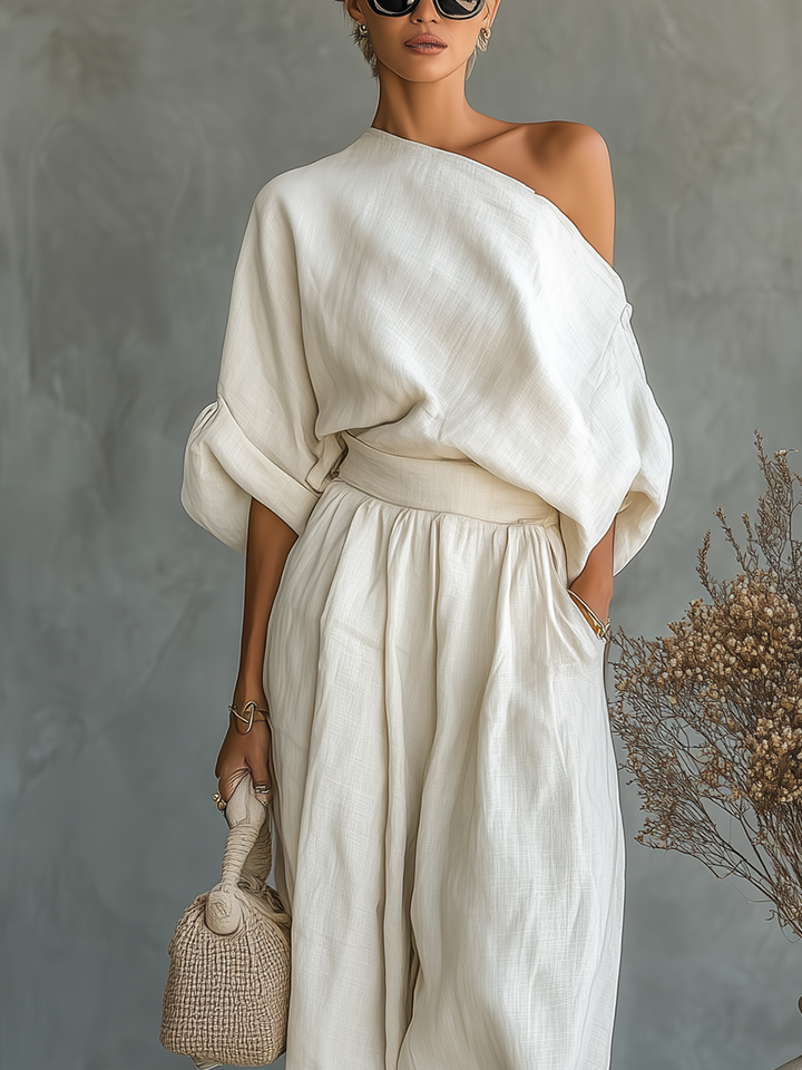 🌸 Women's Off-White Linen Set with Off-Shoulder Top and Tapered Pants
