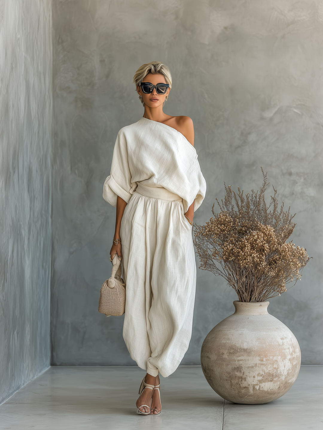 🌸 Women's Off-White Linen Set with Off-Shoulder Top and Tapered Pants