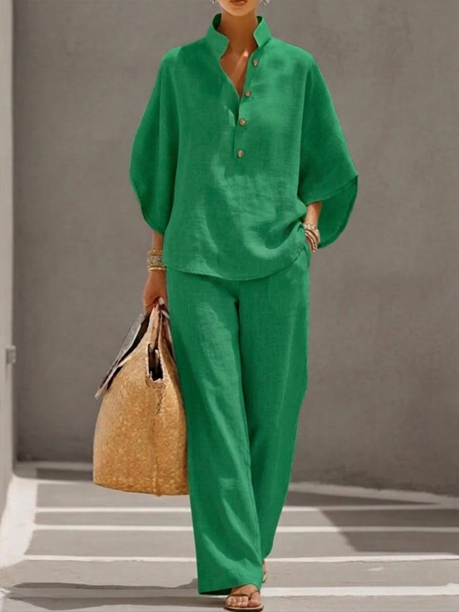 The Beckham Set™ – Cotton-linen set with batwing sleeves and wide-leg trousers