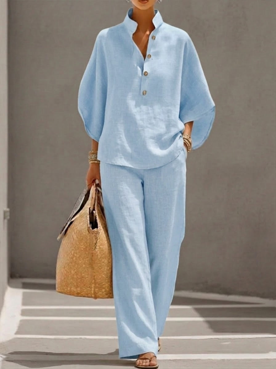 The Beckham Set™ – Cotton-linen set with batwing sleeves and wide-leg trousers