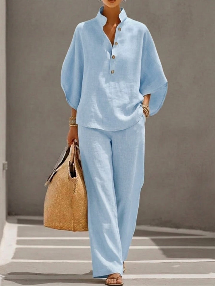 The Beckham Set™ – Cotton-linen set with batwing sleeves and wide-leg trousers