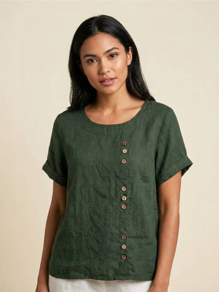 Taylor | Women’s Linen Blend Round Neck Button Blouse