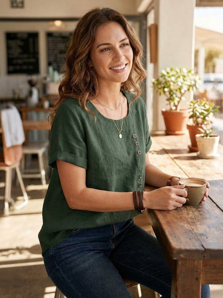 Taylor | Women’s Linen Blend Round Neck Button Blouse