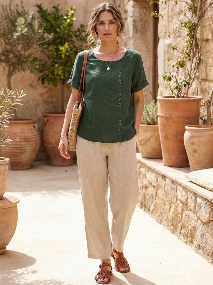 Taylor | Women’s Linen Blend Round Neck Button Blouse