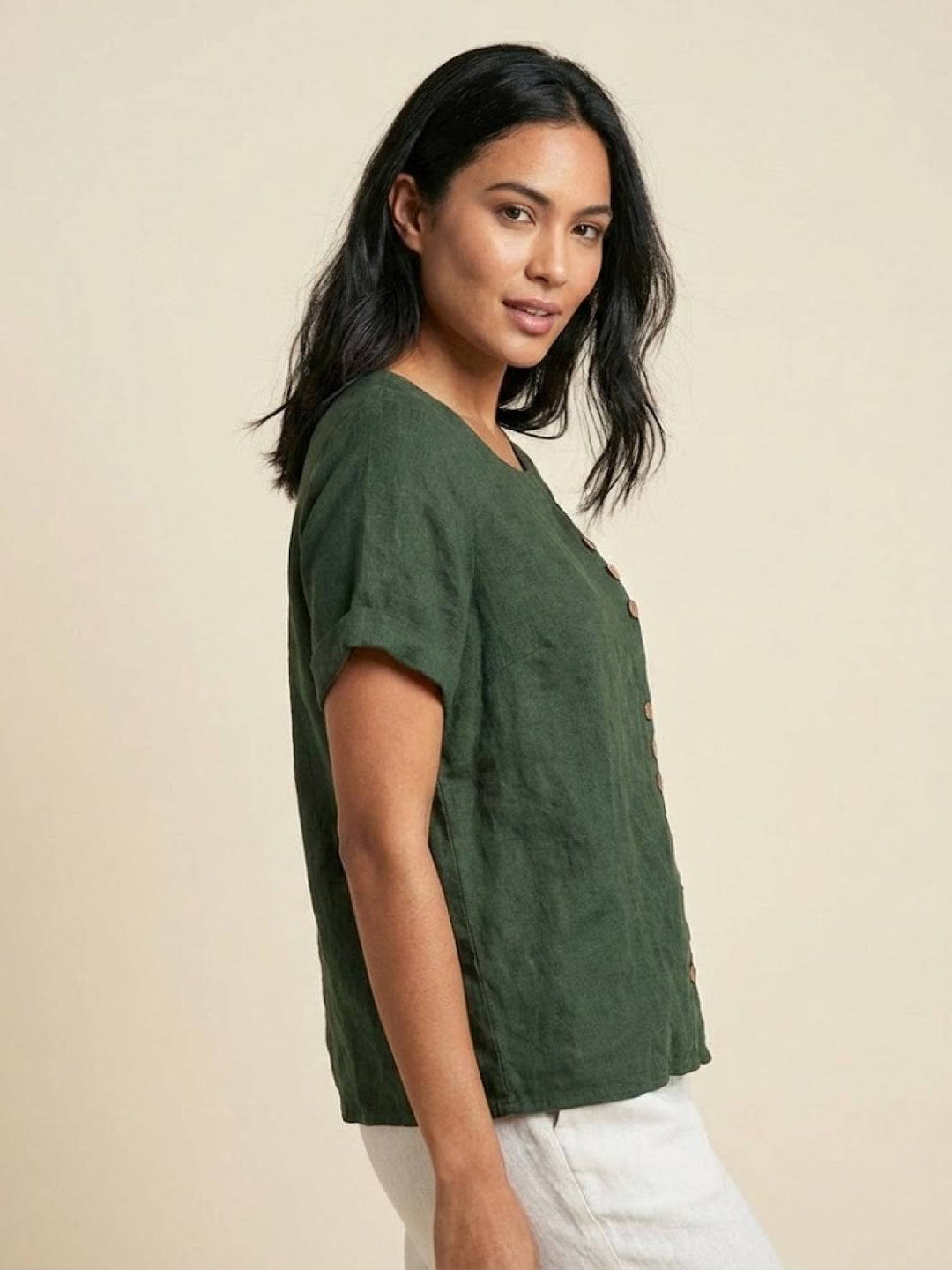 Taylor | Women’s Linen Blend Round Neck Button Blouse