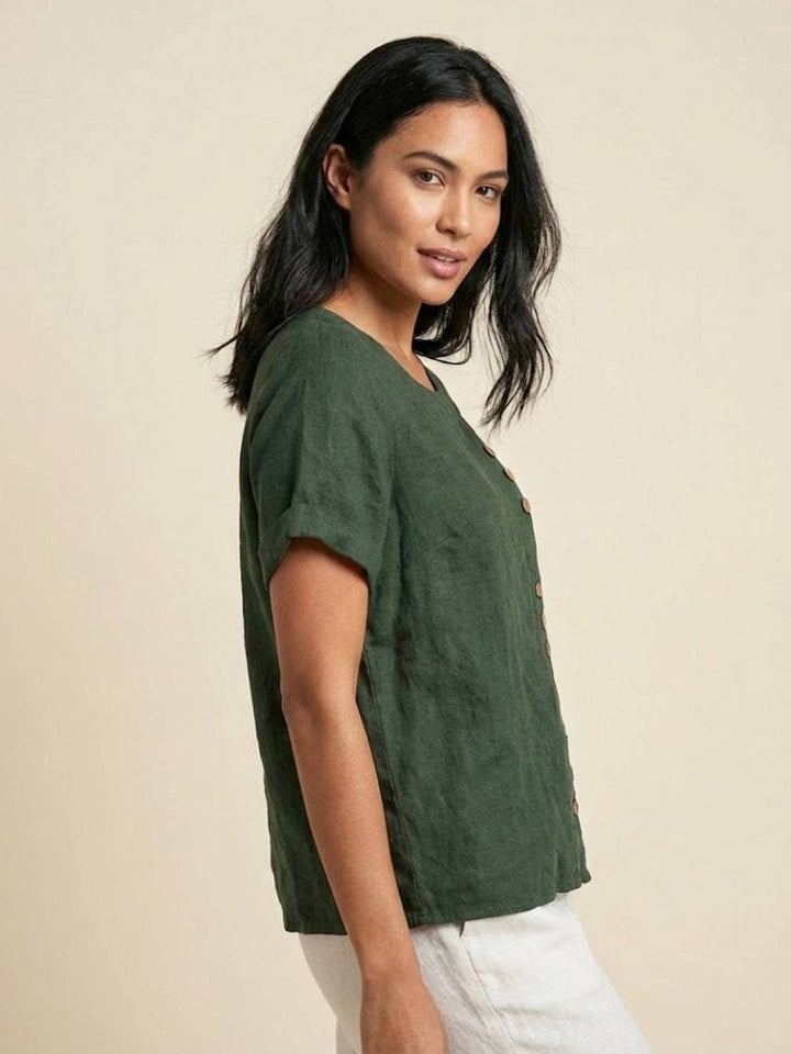 Taylor | Women’s Linen Blend Round Neck Button Blouse