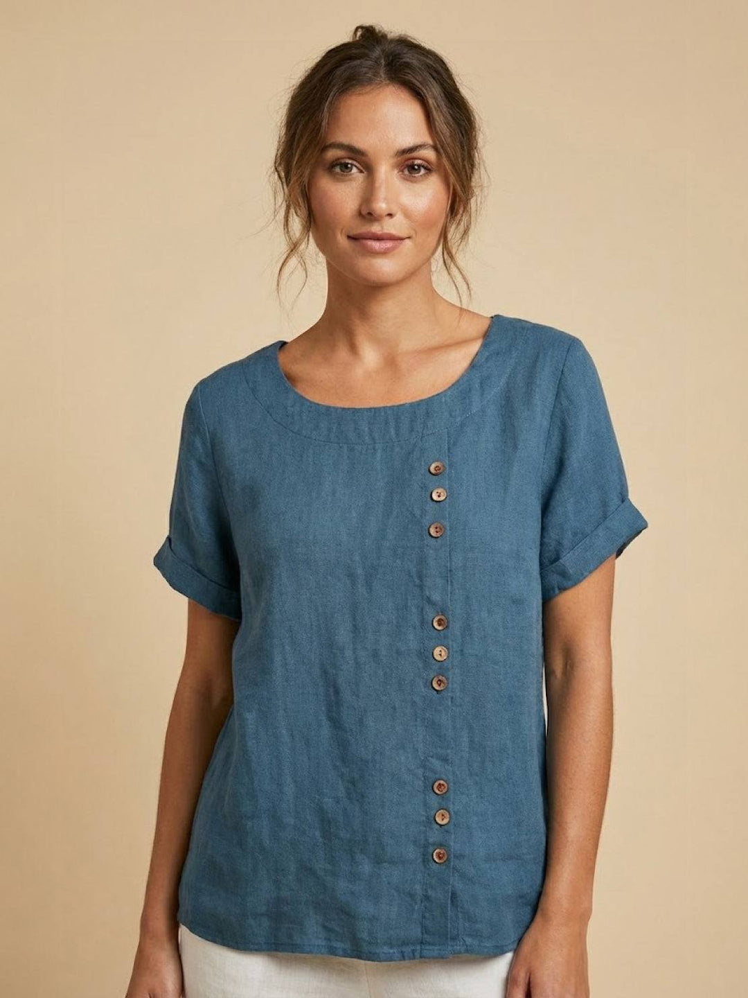 Taylor | Women’s Linen Blend Round Neck Button Blouse