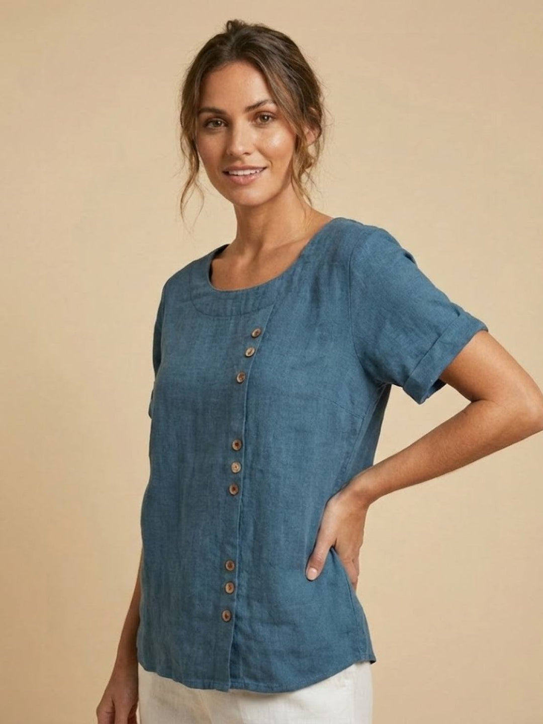 Taylor | Women’s Linen Blend Round Neck Button Blouse