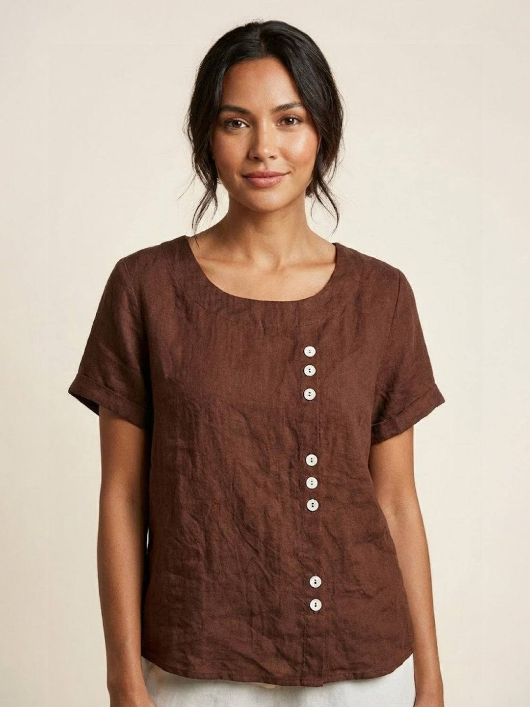 Taylor | Women’s Linen Blend Round Neck Button Blouse