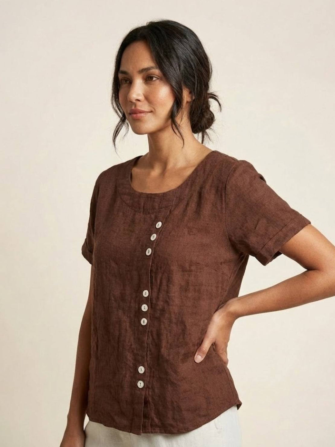 Taylor | Women’s Linen Blend Round Neck Button Blouse