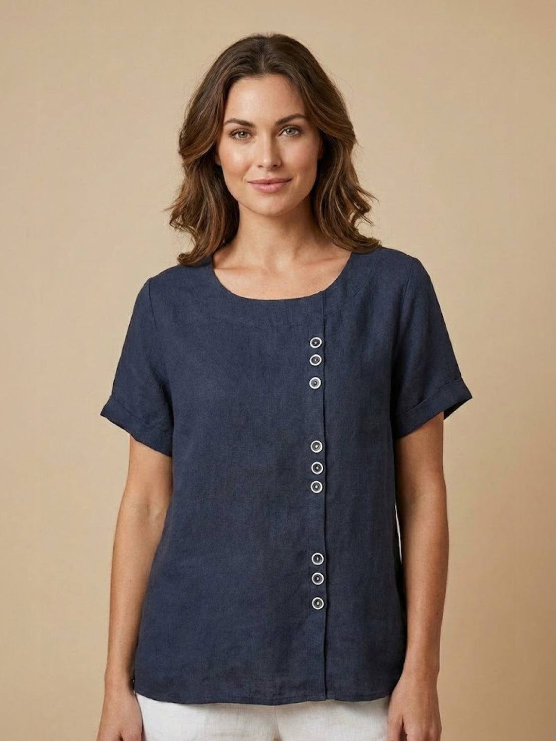 Taylor | Women’s Linen Blend Round Neck Button Blouse