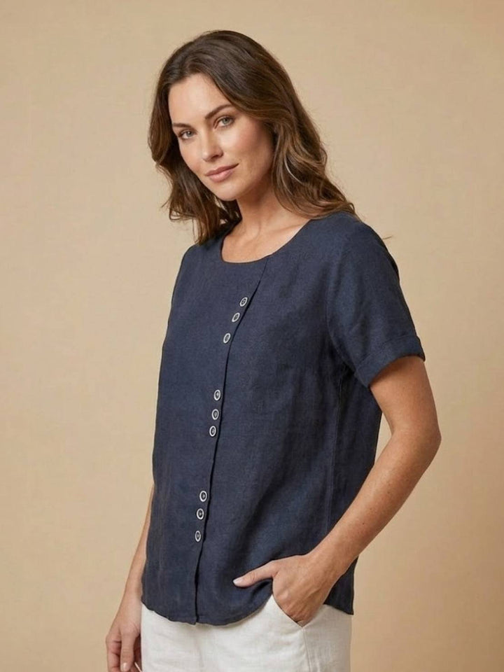 Taylor | Women’s Linen Blend Round Neck Button Blouse