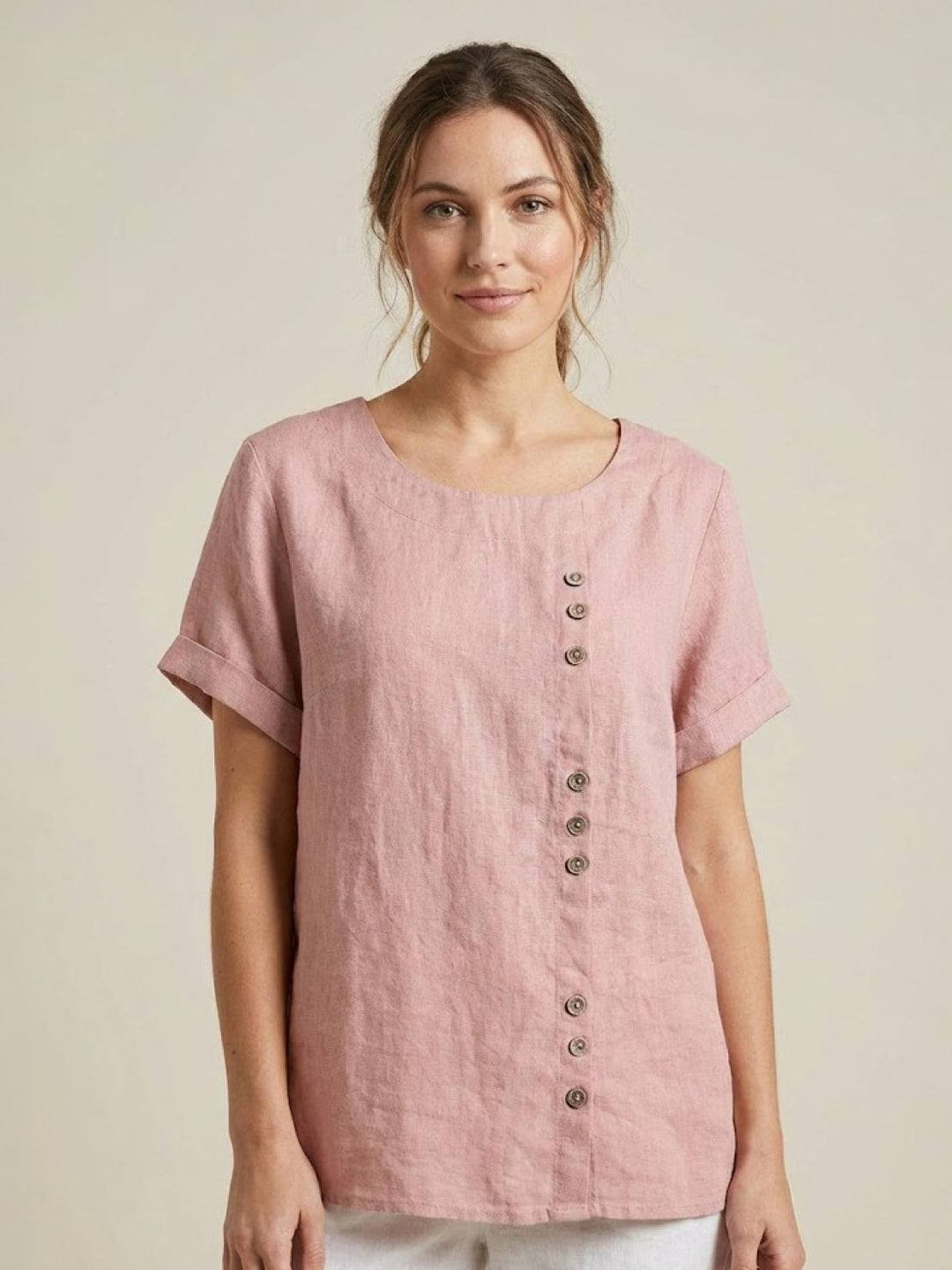 Taylor | Women’s Linen Blend Round Neck Button Blouse