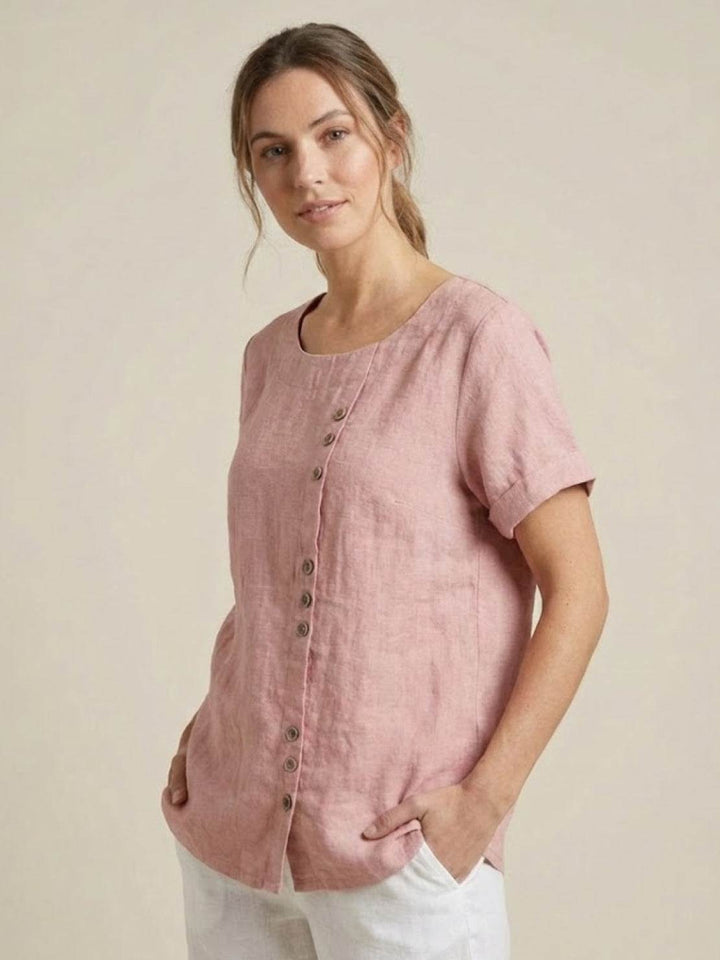 Taylor | Women’s Linen Blend Round Neck Button Blouse