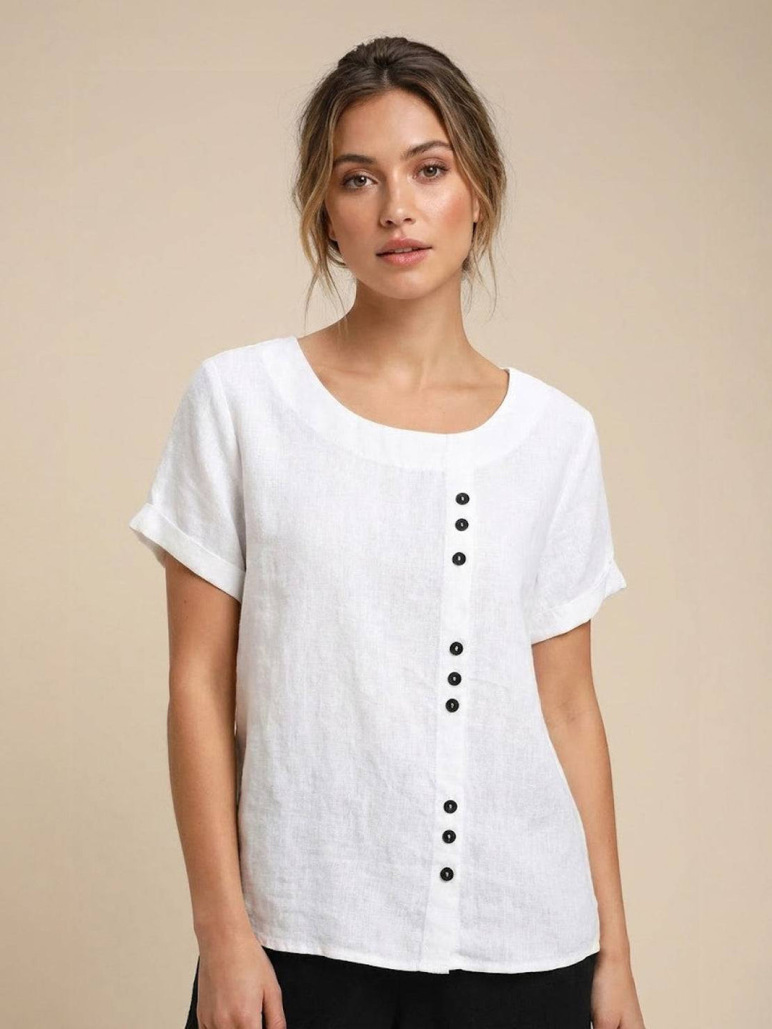 Taylor | Women’s Linen Blend Round Neck Button Blouse
