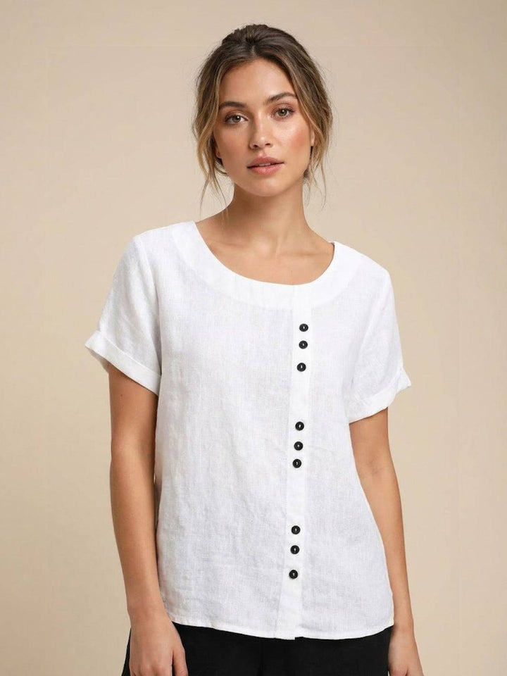 Taylor | Women’s Linen Blend Round Neck Button Blouse