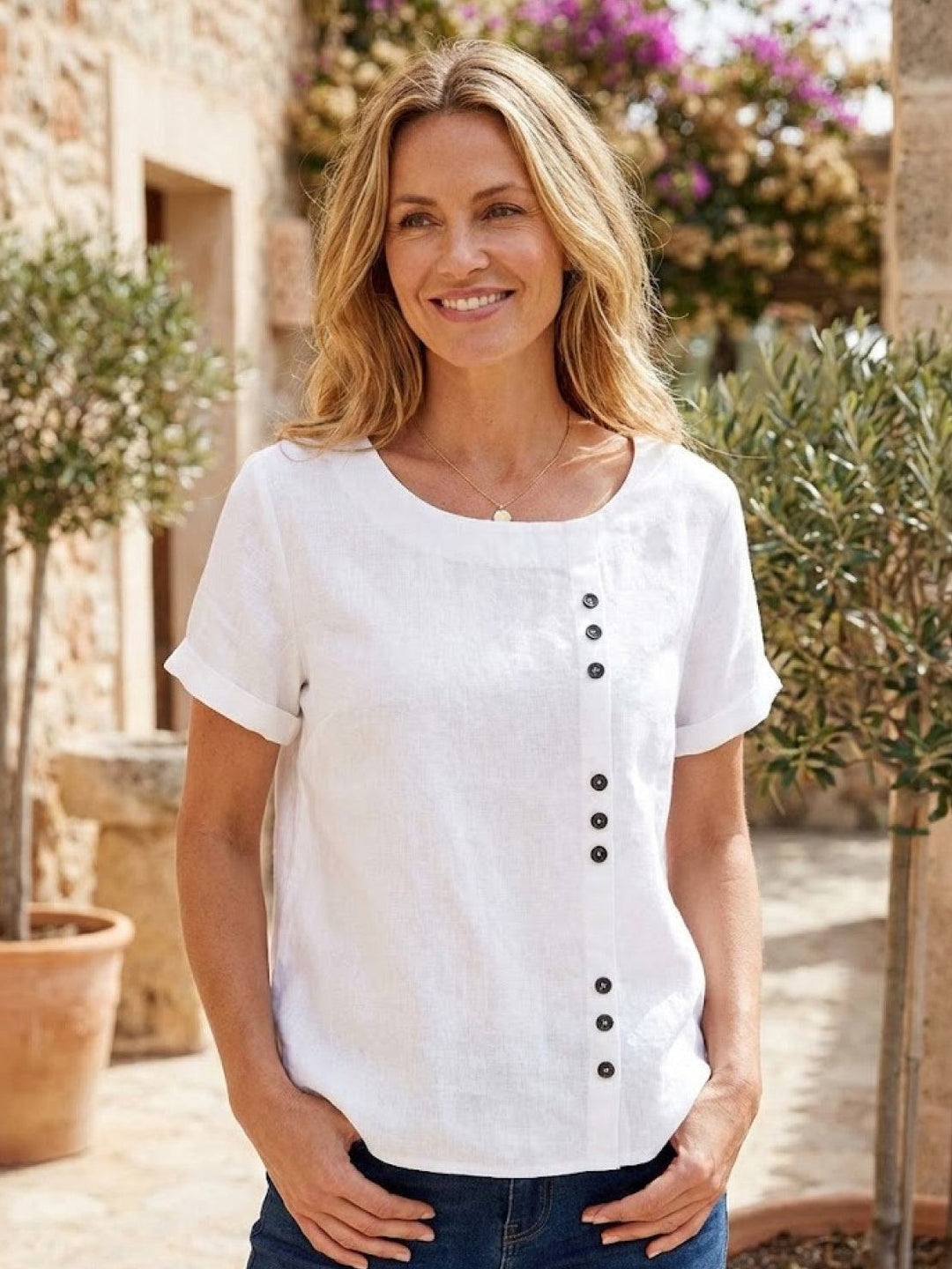 Taylor | Women’s Linen Blend Round Neck Button Blouse