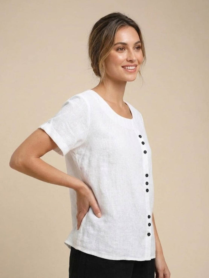 Taylor | Women’s Linen Blend Round Neck Button Blouse